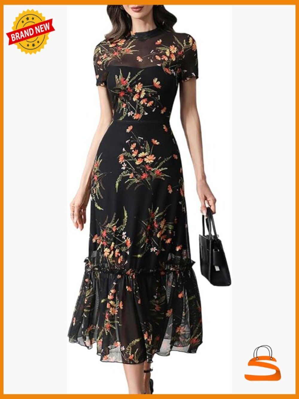 Women's Summer Floral Mesh Ruffle Dress Short Sleeve Round Neck Waist Cinched